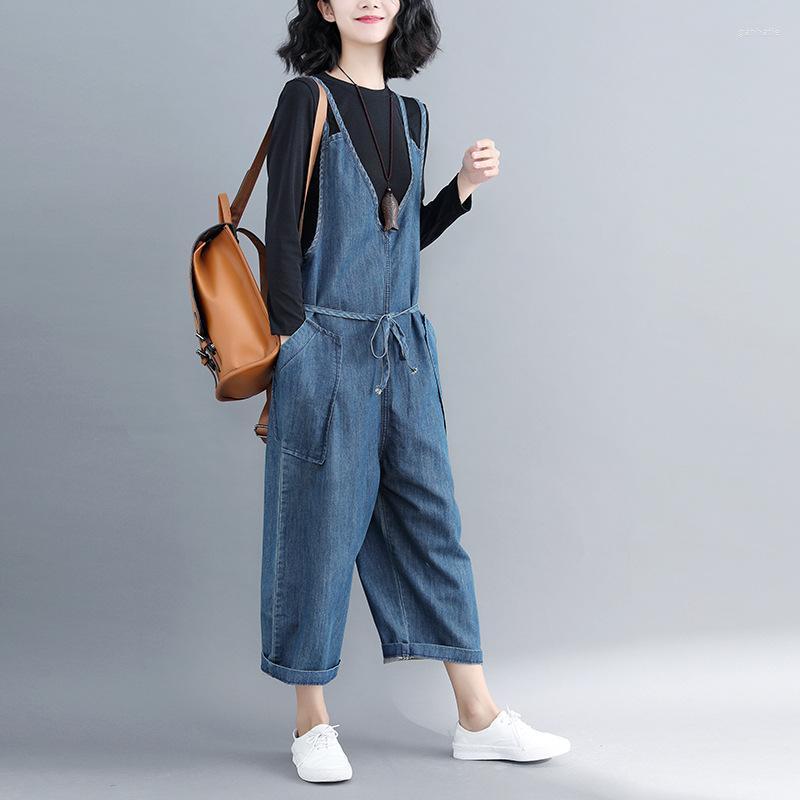 

Women's Jumpsuits & Rompers Large Size Women Overalls High Waist Lace Up Jumpsuit Denim Autumn Loose Wide Leg Suspenders JumpsuitsWomen's, Blue