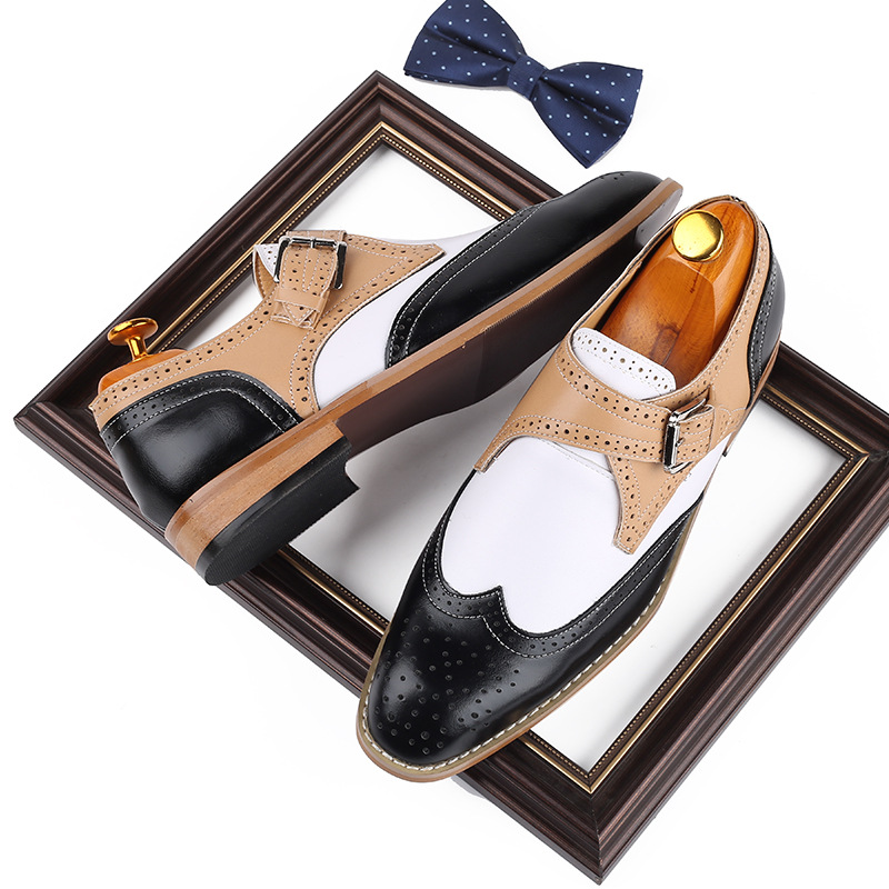 

Men PU Leather Shoes Low Heel Casual Dress Buckle Brogue Spring Fashion Comfortable Vintage Classic Male Casual AB615, Blue