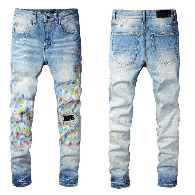 

Mens Paint Jeans Denim Skinny Slim Biker Moto Hip Hop Straight Leg Blue Patch Vintage Distress Stretch for Man Guys Knee Ripped Pant Long Zipper With Hole Midweight, 827