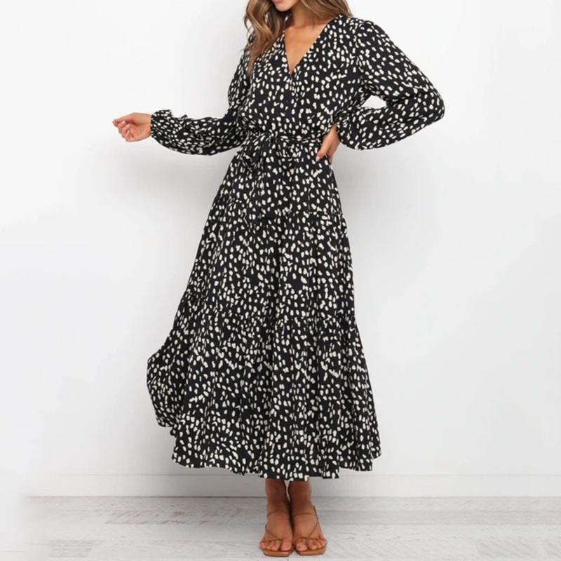 

Casual Dresses 2022 Autumn Temperament Long-sleeved Lace-up Leopard Print Pleated One-piece Dress Female V-neck Simple Europe America, Brown
