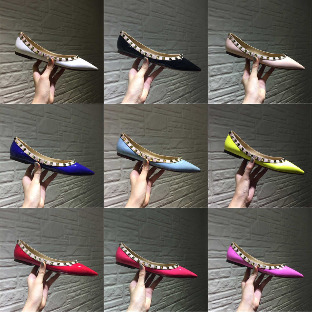 

Designer luxury Women Summer Patent Matte Leather ballet ballerina flats with rivets pointed toe Girl shoes Size 34-41 Many colors, Red patent leather