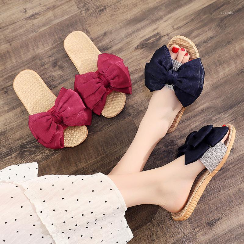 

Slippers Summer Women's Fashionable Indoor Fabric Breathable Linen Flip Flops Cute Big Bow Sandals Casual Solid Color Slipper, Black