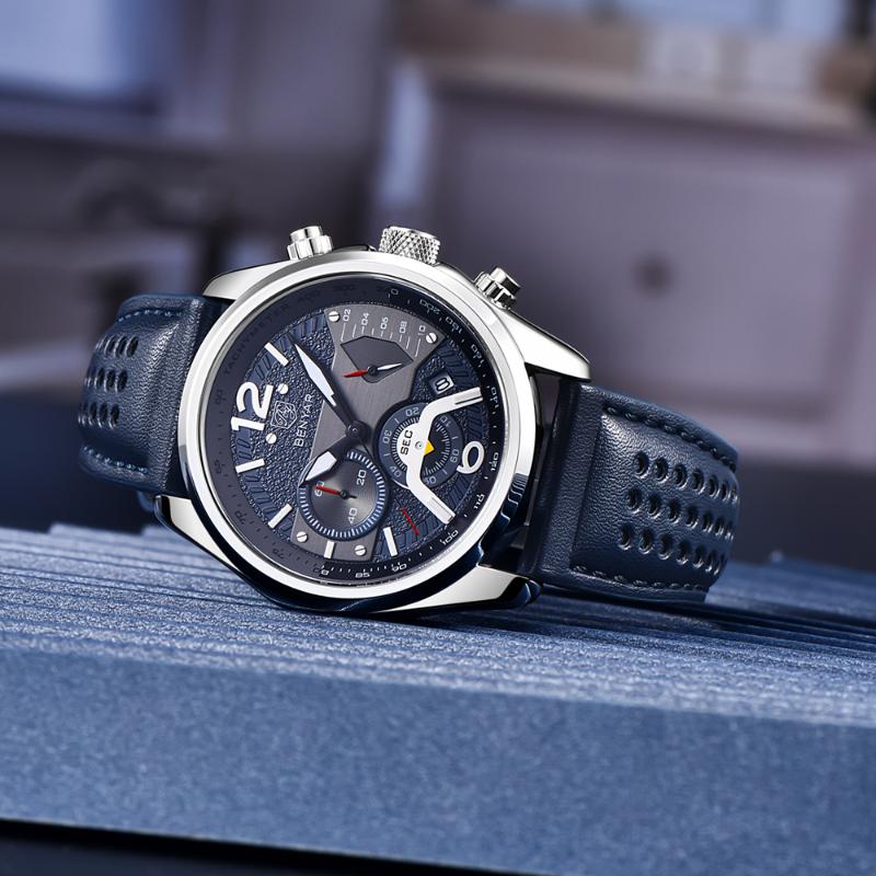 

Wristwatches BENYAR Top Brand 2022 Men Watch Waterproof Quartz Wristwatch Sports Chronograph Military Leather Reloj Hombre, Silver blue