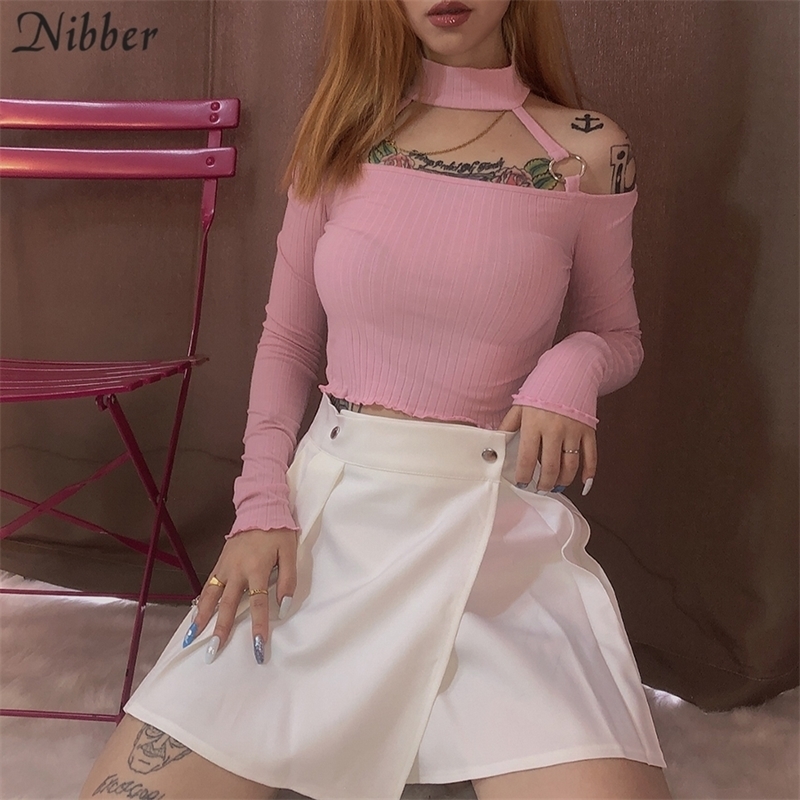 

Nibber Harajuku cute pink Strapless crop tops women Tshirts hot autumn winter Elegant Ruffle Casual Slim tee shirts mujer Y200422