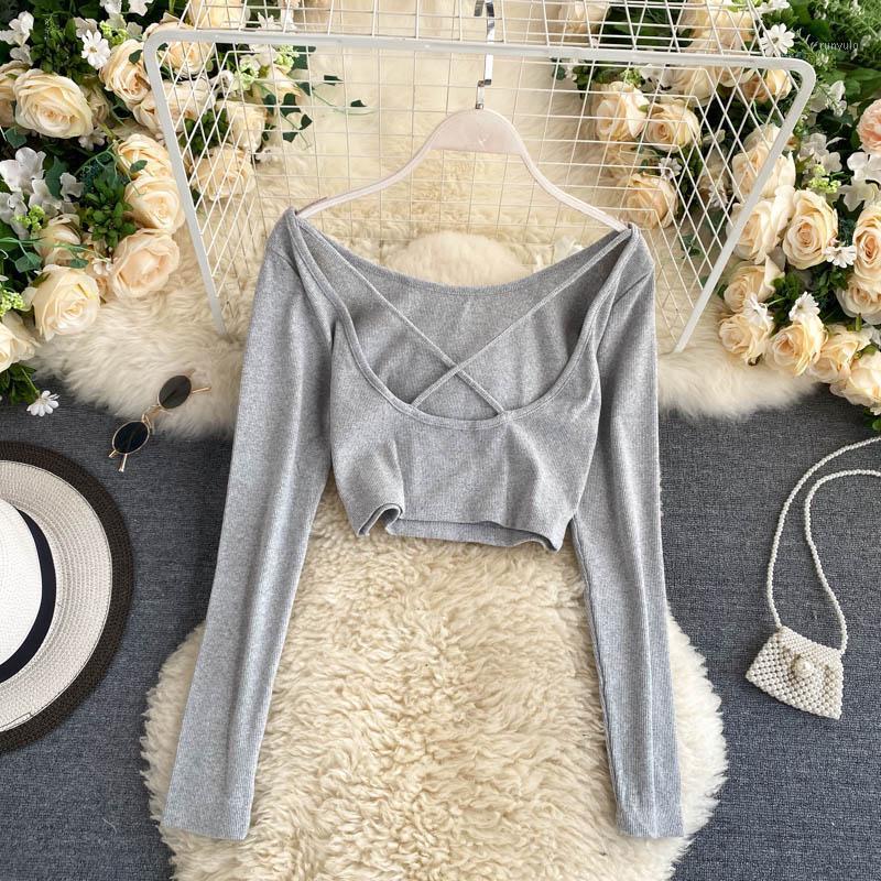 

Cropped Tops Fashion O-Neck Backless Sexy Female Crop Casual Long Sleeve Solid Knitwear For Women 2022 Autumn Dropship Women's Sweaters, Light gray tops