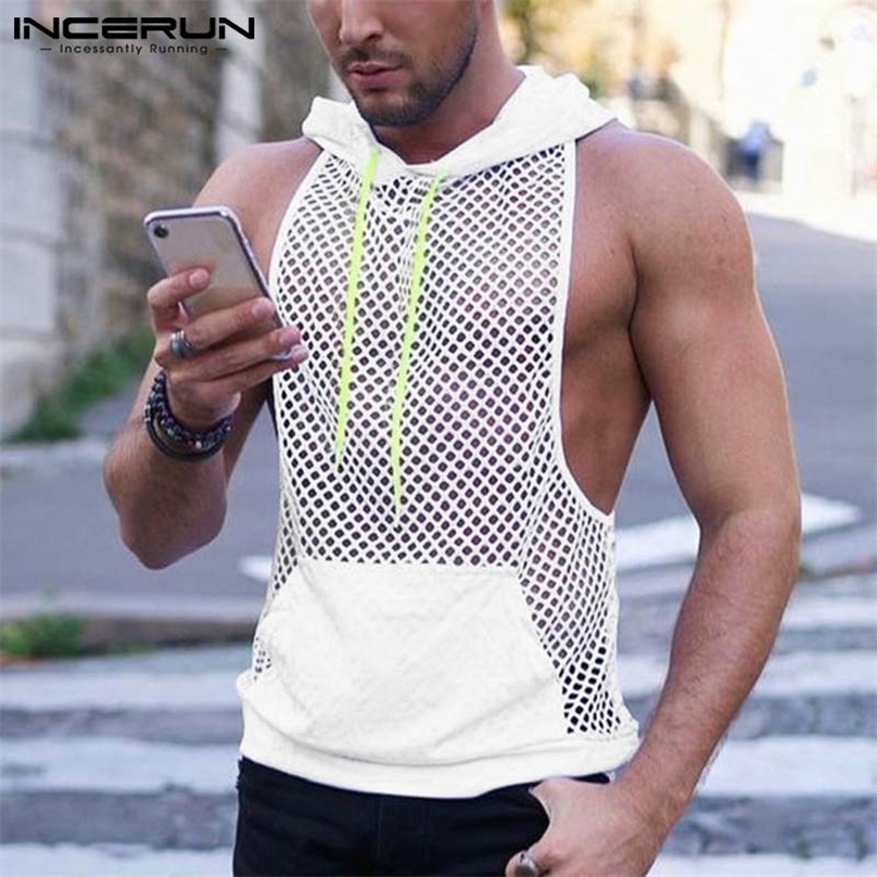 

Men Tank Tops Mesh Patchwork See Through Hooded Vacation Sleeveless Pockets Vests Breathable Streetwear Tops S5XL INCERUN 220615, White