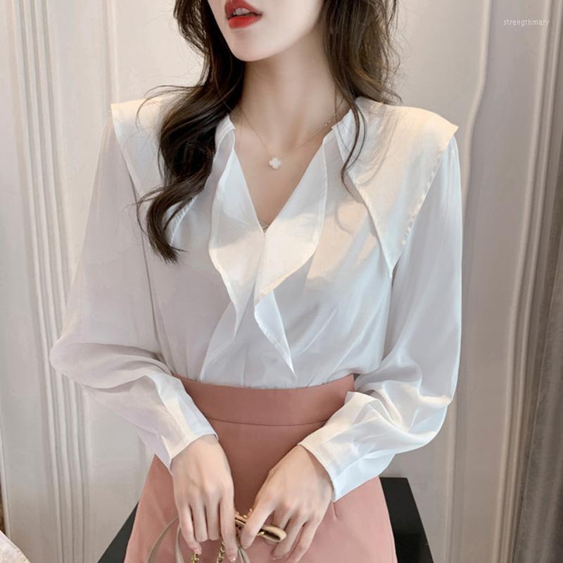 

Women' Blouses & Shirts Autumn 2022 Women Blouse Fashion Casual Long-sleeved Ruffled Shirt Elegant Slim Office Lady White Chiffon Stre22