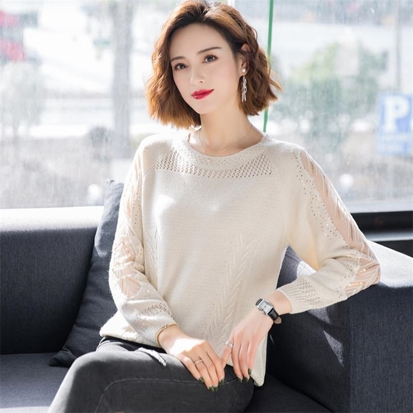 

Hollow Mesh Gauze Thin Knitted Sweater Female Round Neck Loose Long Sleeve Fashion Long Sleeve Jumpers Women Summer Cool 201203, Brown