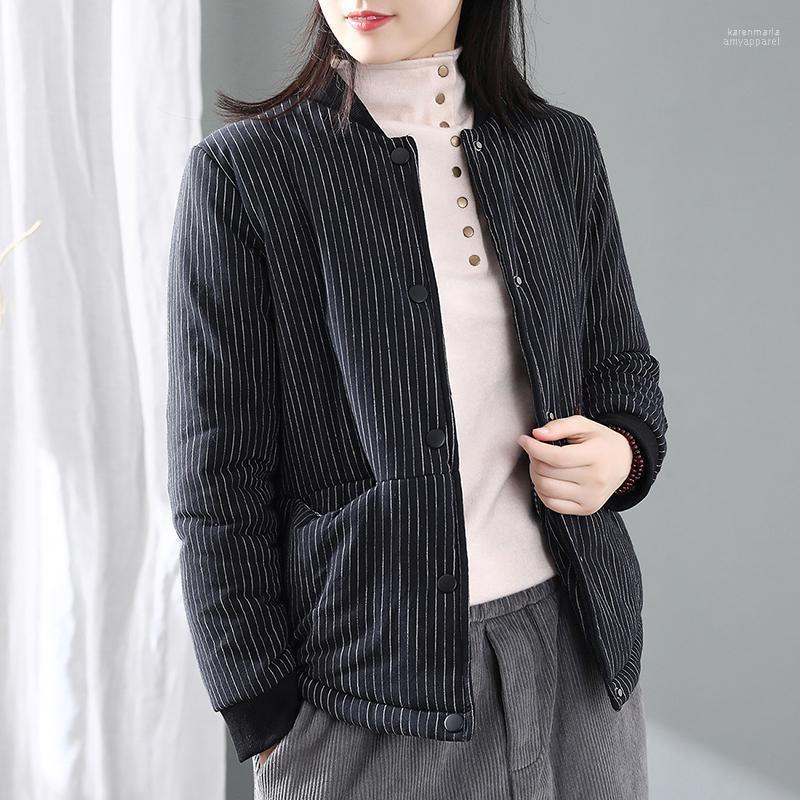 

Women Parkas Original Vintage Striped Thick Warm Jacket Loose Pockets Cotton-padded Short Coat YoYiKamomo Kare22, Black