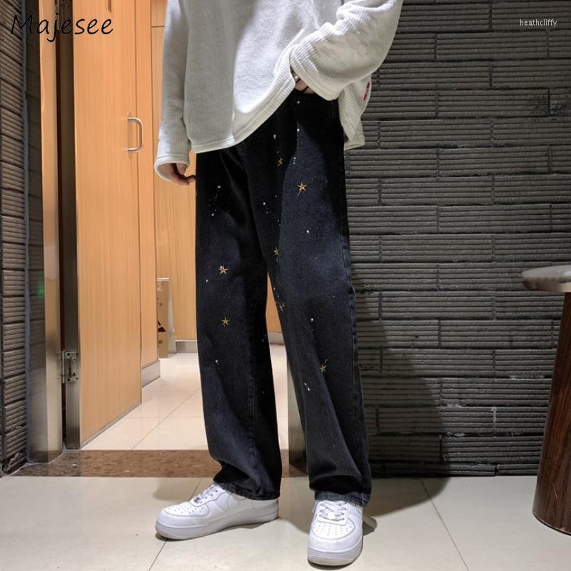 

Men' Jeans Star Printed Men Casual Ankle-length Black Trendy Wide Legs Trousers Demin All-match Loose Ulzzang Comfortable Chic KpopMen' He