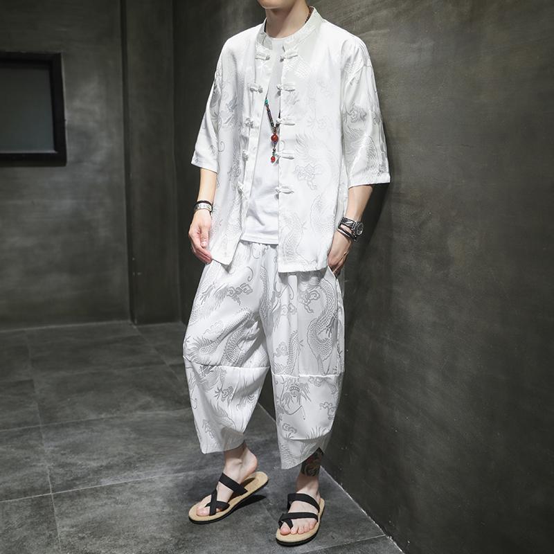 

Men's Tracksuits Vintage Button Male Tang Suit Year Clothes Traditional Chinese Exquisite Dragon Hanfu Set Oriental Shirt Pants 5XLMen's MMe, Black