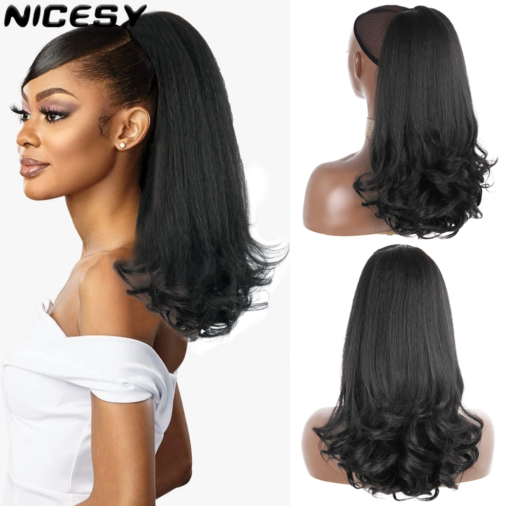 Costume Accessories Synthetic Tail Warping 18&quot Kinky Straight Hairpiece With 2 Plastic Comb Drawstring Ponytail Hair Extension Natural B-image-773031110