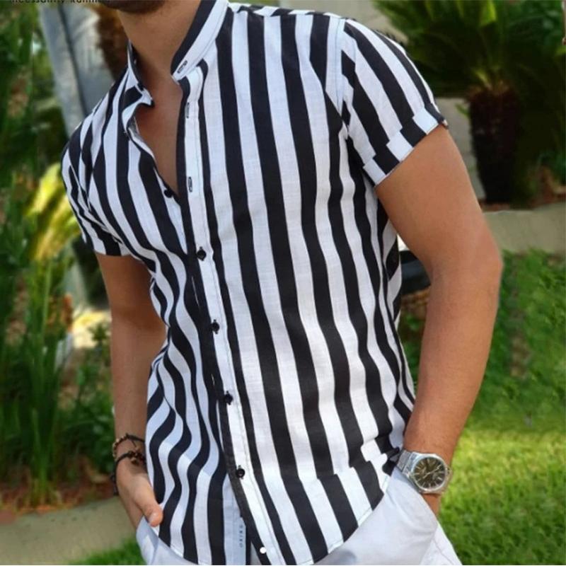 

Men' Casual Shirts 2022 Summer Striped Shirt Beach Style Loose Short-sleeved T-shirt Stand-up Collar Button Top Commuting Daily Wear, Black