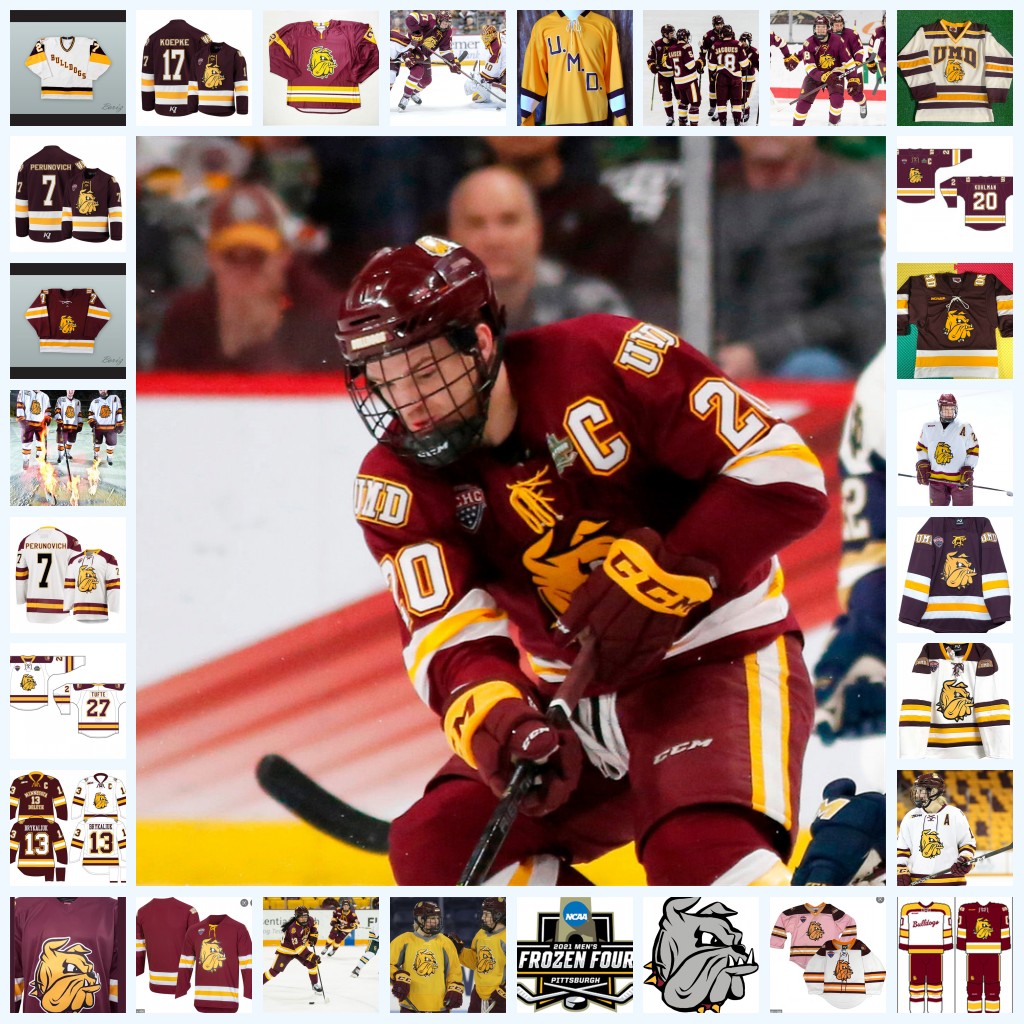 

2022 NCAA Custom UMD Minnesota Duluth Bulldogs Stitched Hockey Jersey 21 Mason Raymond 21 Noah Cates 16 Brett Hull 12 Jack Connolly 7 Kyle Schmidt 33 Kasimir Kaskisuo, 17