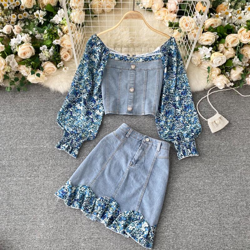 

Suit 2022 Two Piece Dress Spring New Female Design Floral Puff Sleeve Stitching Denim Jacket Short Skirt Small Fresh Suit, Same as picture