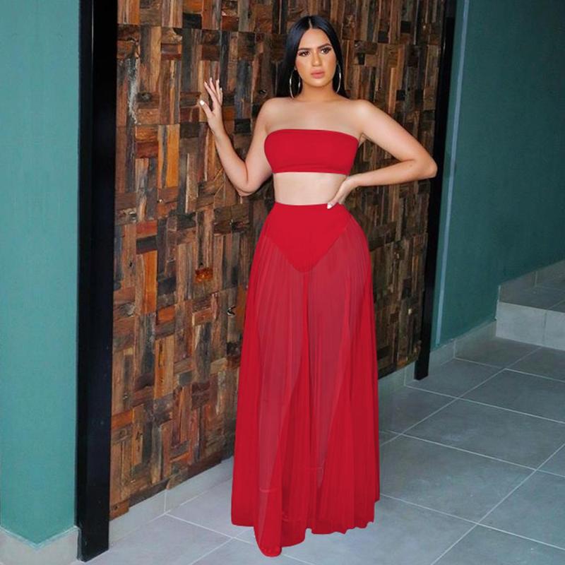 

Women's Swimwear Summer Boho Beach Mesh Two Pieces Set Sexy Strapless Top And Maxi Long Skirt Women Outfit StreetwearWomen's, Red