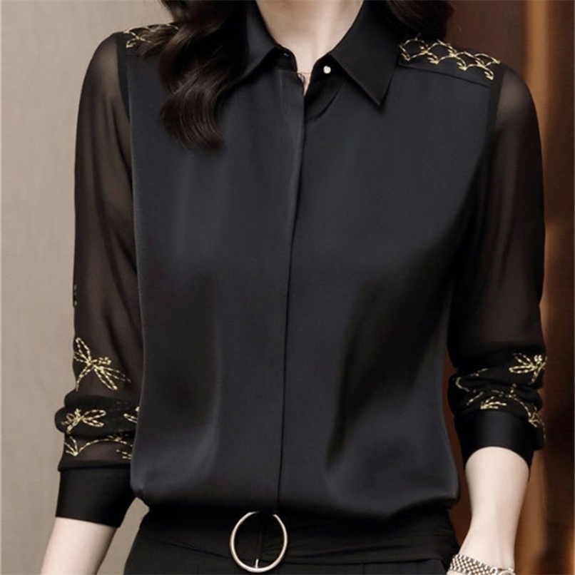 

Women Spring Autumn Style Chiffon Blouses Shirts Lady Embroidery Long Sleeve Turn-down Collar Lace Decor Blusas Tops DF0004 220419, Blue