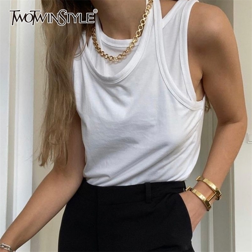 

TWOTWINSTYLE Asymmetrical White Sexy Vest For Women Irregular Hem Sleeveless Fake Two Casual Vests Female Fashion Clothing 220318