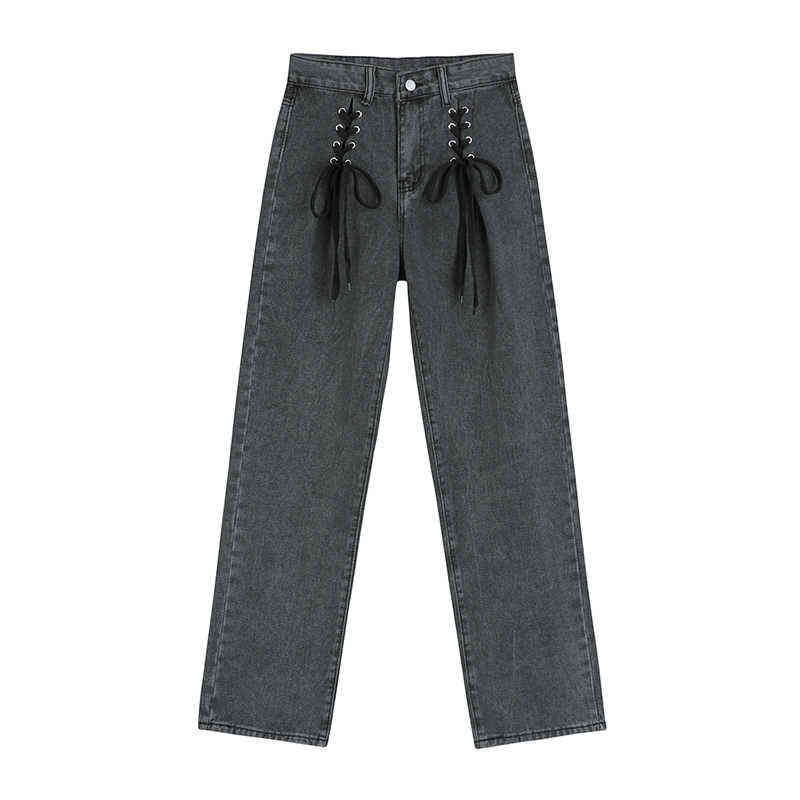 

Trendy Jeans Women's Washed Smoky Gray Hand-woven Rope Bowknot Casual Loose Wide-leg Straight-leg Pants Female Gothic Trousers T220728