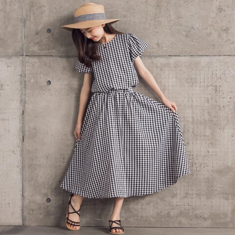 

Clothing Sets Girls 2022 Summer Teenage Girl Plaid Cotton T Shirt And Long Skirts 2Pcs Outfits Children Suits For 8 10 12 14, Black