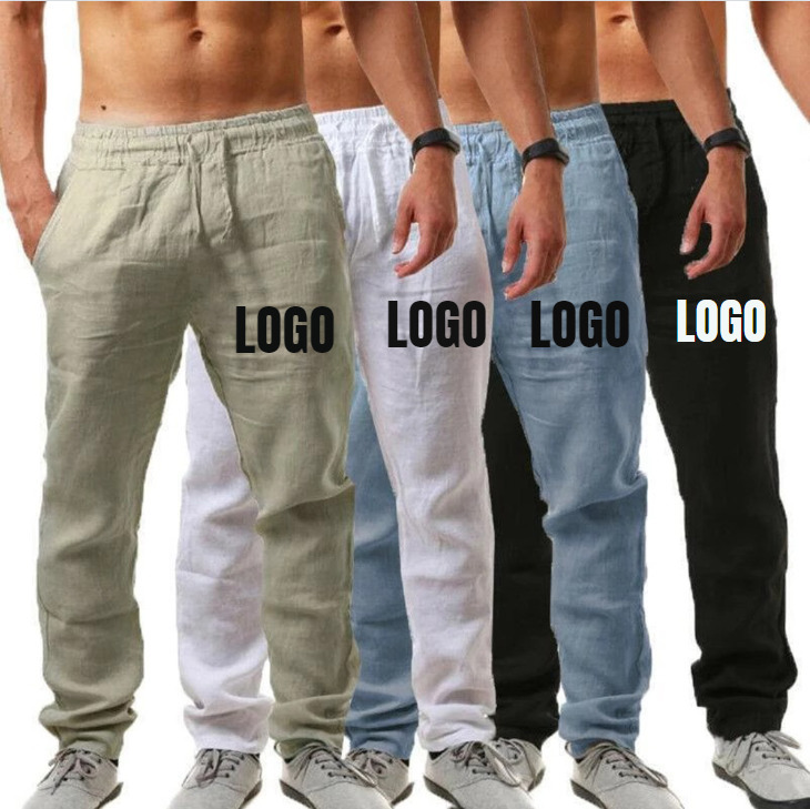 

Custom Men Cotton Linen Trousers Solid Color Elastic Waist Loose Long Trousers Men's Hip-hop Breathable Casual Pants 220613, Khaki