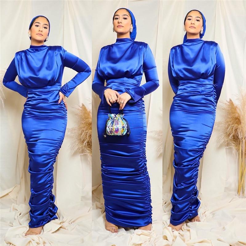 

Ethnic Clothing Pleated Satin Kaftan Muslim Dress Elegant Pure Color Long Islamic Abayas Women Modest Wear EID Robes WY005