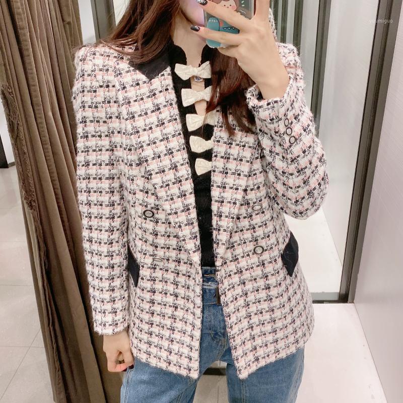 

Women's Suits & Blazers JUNWU Spring Autumn Female Pink Houndstooth Design Loose Long-Sleeved Double-Breasted Pocket Suit Jacket Casual
