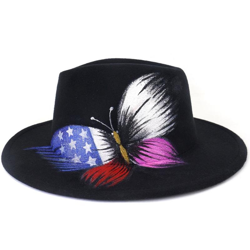 

Berets 2022 Winter Fedora Hats For Women Fashion Flat Wide Brim Wool Felt Jazz Men Hand-painted Letters Hip Hop Punk Hat, A-2