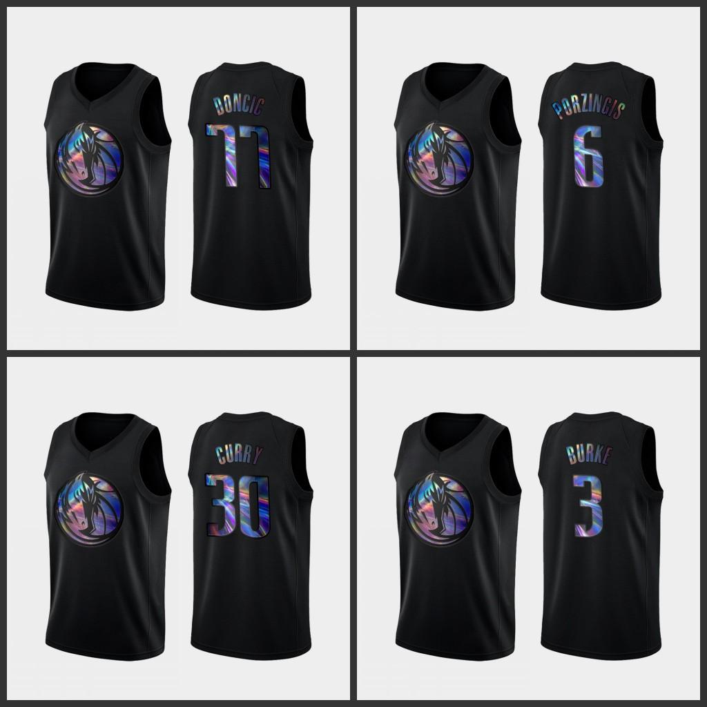 

Dallas''Mavericks''Men Kristaps Porzingis Seth Curry Trey Burke Luka Doncic Custom Black Iridescent Collection Limited Jersey