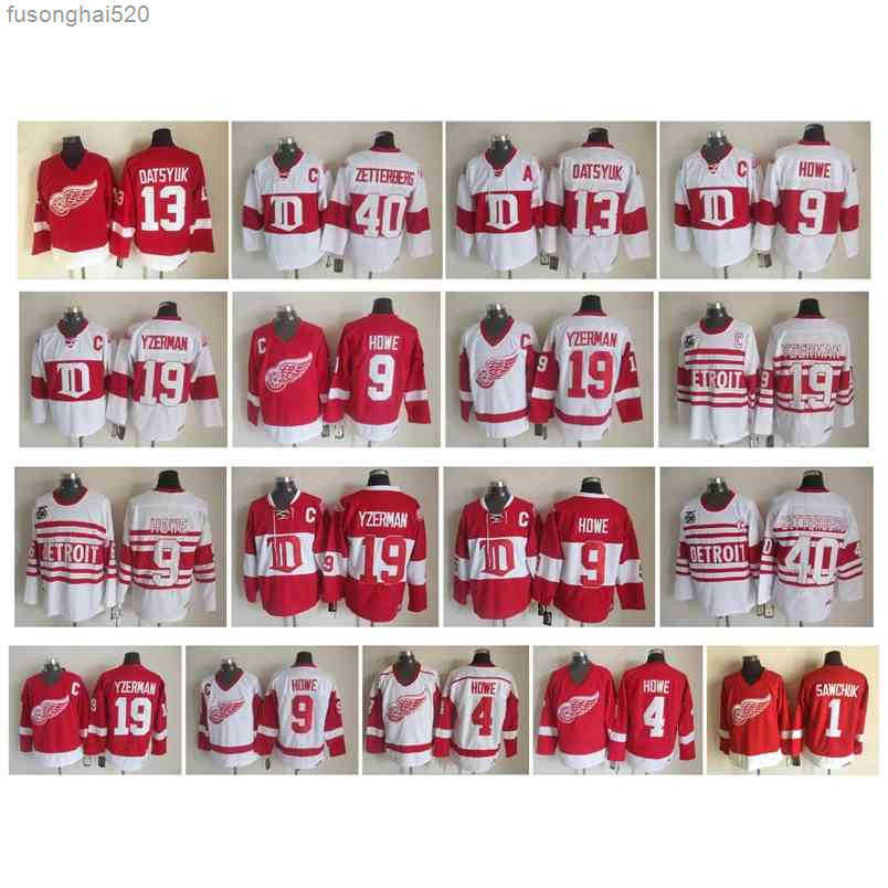 

95 Vintage Detroit Red Wings Jersey 1 Terry Sawchuk 9 Gordie Howe 13 Pavel Datsyuk 19 Steve Yzerman 40 Henrik Zetterberg Retro CCM Hockey, As pic