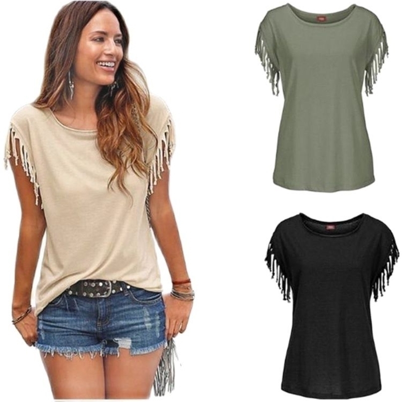

Summer Short Sleeve Tassel Fashion T-shirt Woman Simple Crew Neck Basic Tops Leisure Ladies Streetwear Solid Tees 220402, Black