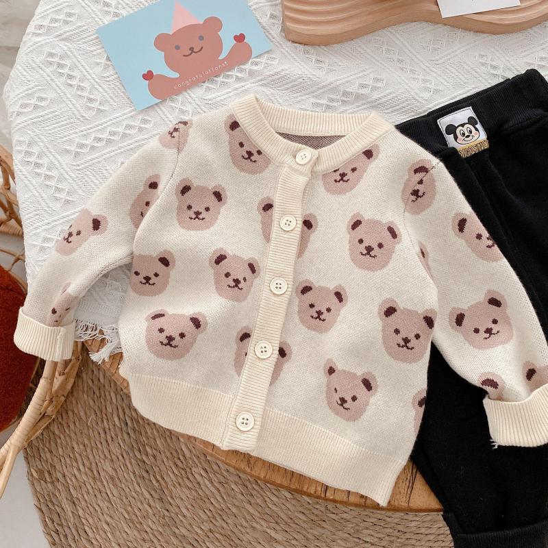 

2022 Spring Toddler Boys Knitted Sweater Baby Boys Cartoon Bear Cardigans Outwear Children Clothes Kids Girls Knitwear Jacket, Apricot