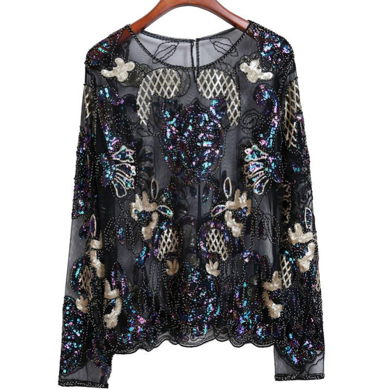 

Women's Blouses & Shirts Women Perspective Flowers Embroidery Sequin Shirt Tees Floral Beaded Long-sleeved Mesh Spliced Lace Crop Tops Blusa, Blue