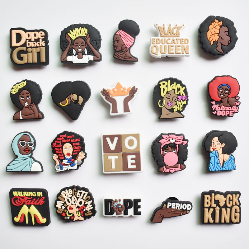 

Dropshipping 1Pcs Black King Shoes Charms Accessories Yoga Girl DIY PVC Shoe Buttons Decor Jibz For Croc Charms Kid X-mas Gift