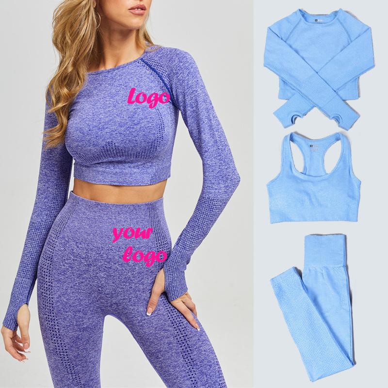 Yoga Outfit 3pcs / Set Femmes Ensembles sans couture Fitness Sports Costumes Gym Logo personnalisé Sportswear Crop Top Leggings de course Pantalo