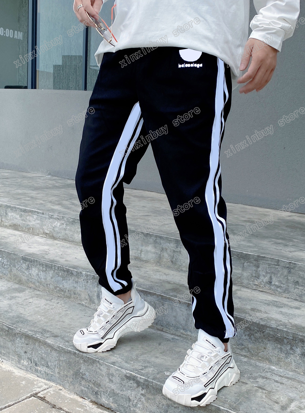 

xinxinbuy Mens women designer pants Paris Webbing stripe letter pant Men Webbing Trousers black white M-2XL