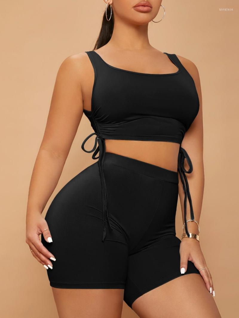 

Women's Tracksuits LW Two Piece Drawstring Ruched Shorts Set Crop Tank Top Biker Solid Sleeveless Sheath Stretch Scoop Neck Matching Suits, Black