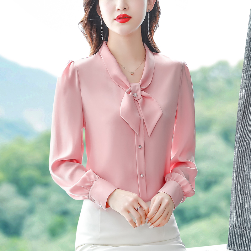 

Luxury Vintage Silk Pink Shirts Women Designer Long Sleeve Button Shirt Ladies Office Fine Elegant Bow Blouses 2022 Spring Autumn Women Solid Color Blouse Chic Tops