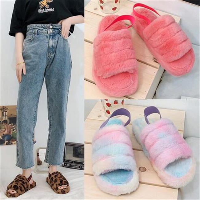 Women Fur Slippers Autumn Winter Indoor Sandals House Full Furry Soft Fluffy Plush Platform Flats Heel Classic Casual Shoes