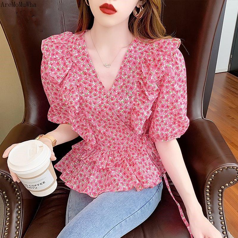 

Women's T-Shirt Summer Korean Version Of The Western Style Lotus Leaf V-neck Floral Short-sleeved Waist Top Slim Fit And Thin Shirt WomenWom, Red