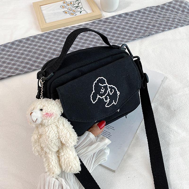 

School Bags Fashion Ladies Canva Small Square Bag Korean Version Multifunctional Cute Dog One-shoulder Diagonal Mobile Phone Package, Black