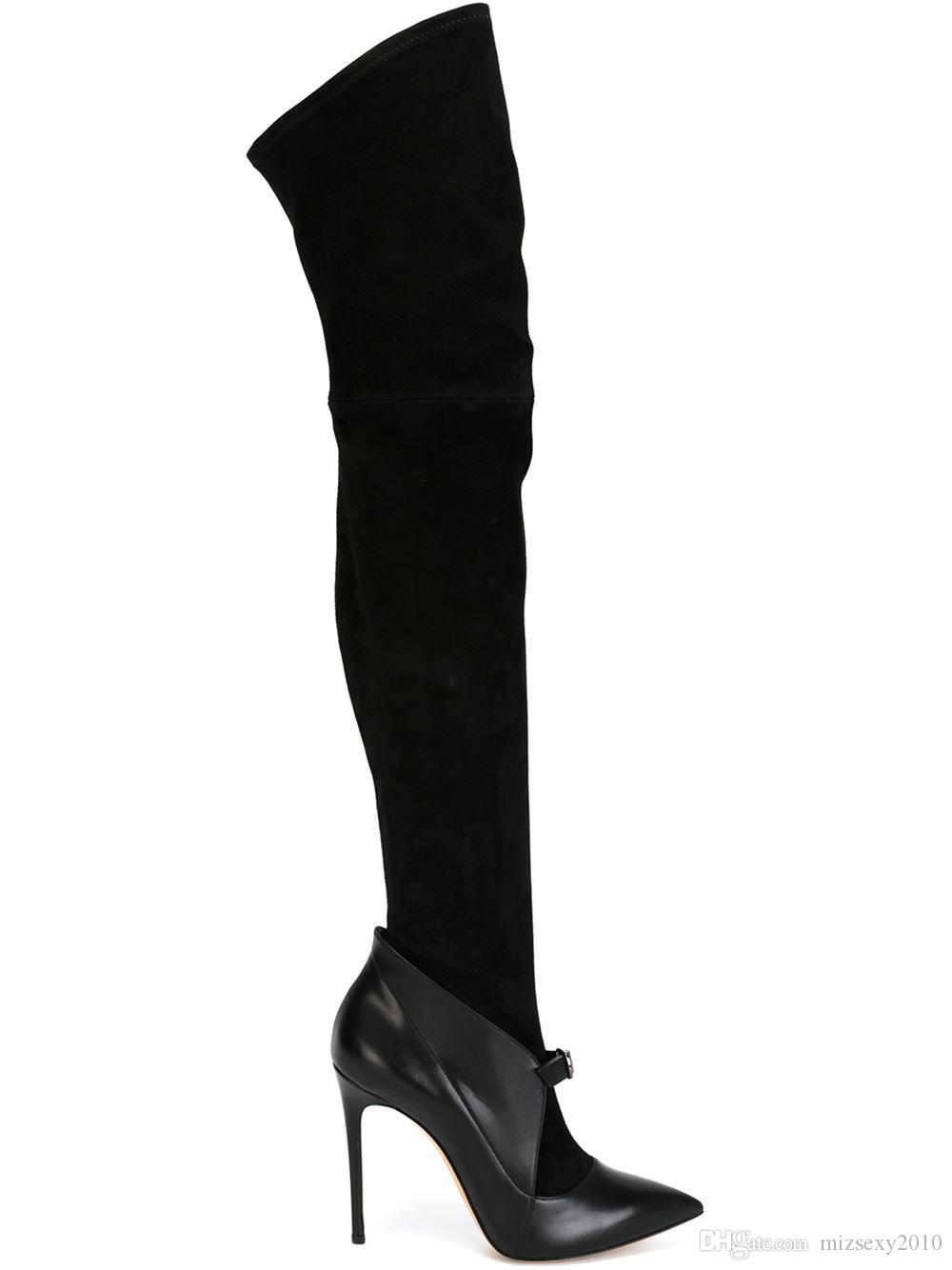 

women shoes long boots designer shoes winter new fashion boots pointed toes buckle patchwork spike high heels thigh high boots, Black