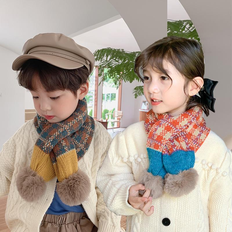 

Scarves 2022 Winter Children Color Plaid Knitted Scarf Japan Korea Fashion Soft Pompon Patchwork Shawl Kids Warm Neckerchief