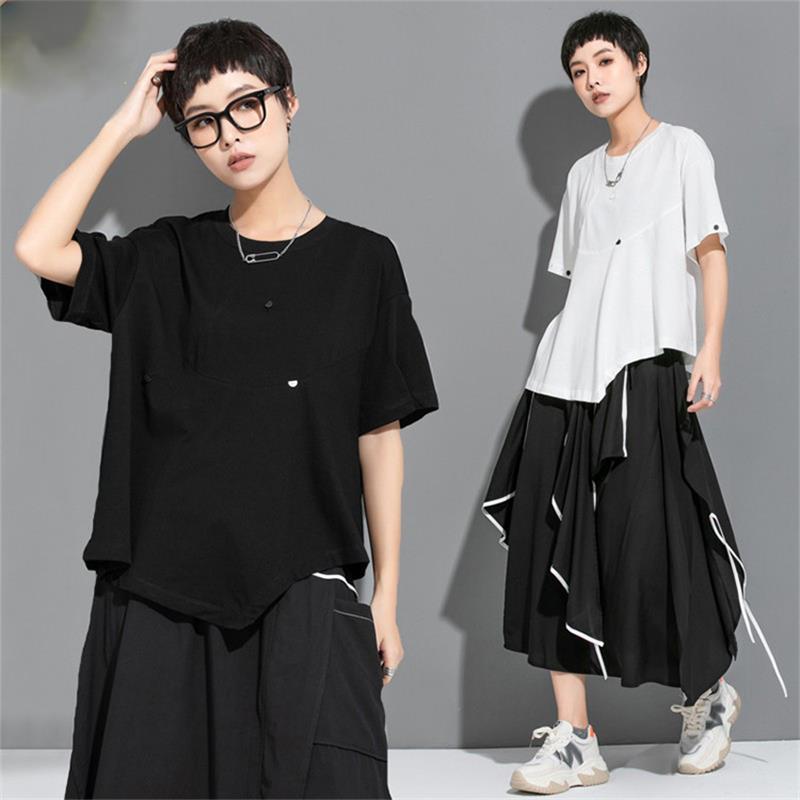 

Women' T-Shirt Women' Fashion Irregular Loose Short Sleeve 2022 Summer Personalized Button Decoration Slim Casual T-ShirtWomen, Black