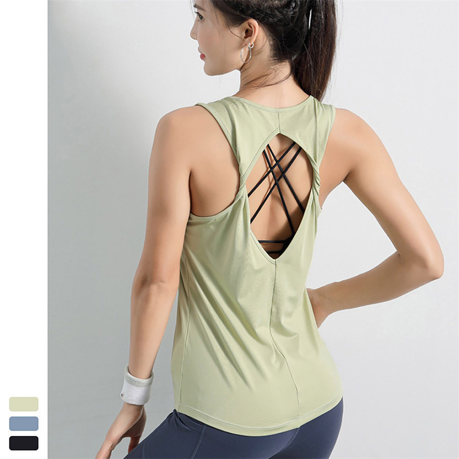 

lu-TX05 yoga quick-drying loose women' sportswear running T-shirt top sleeveless short-sleeved beautiful back sexy vest fitness clothes please check the size chart, Black
