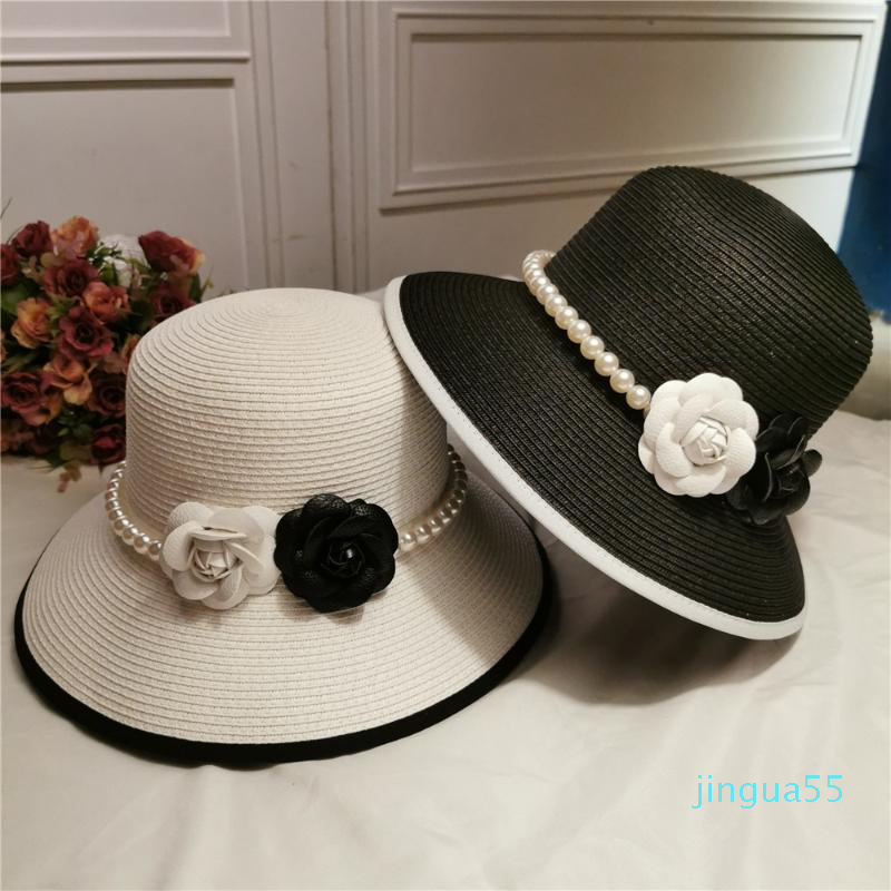 

designer Wide Brim Hats Retro Elegant Straw Hat Pearl Flower Fisherman Seaside Holiday Beach Sunshade Sunblock Lady, Black