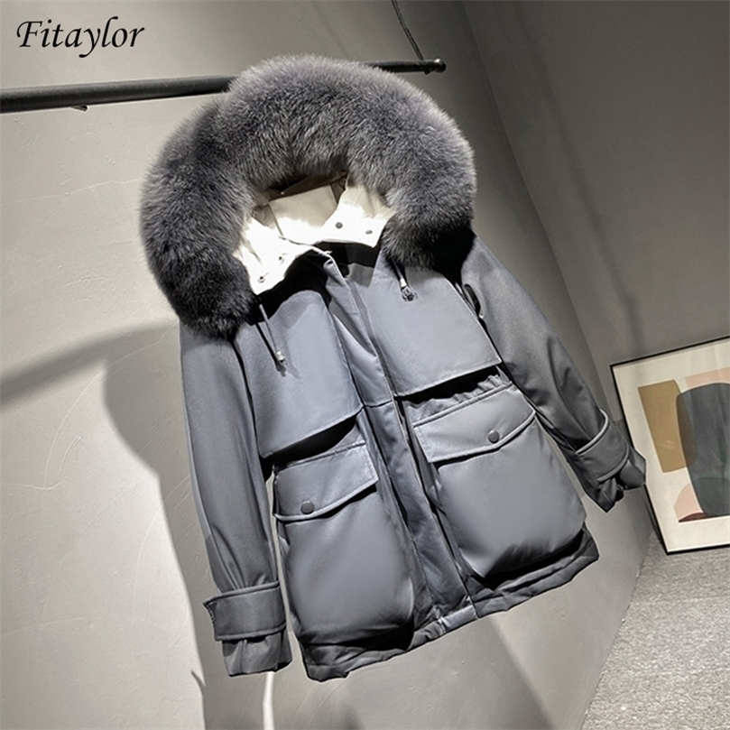 

Fitaylor Winter Women Large Fur Collar Down Coat Thickness Warm Hooded 90% White Duck Down Parkas Sash Tie Up Outwear 201128, Fox fur blue
