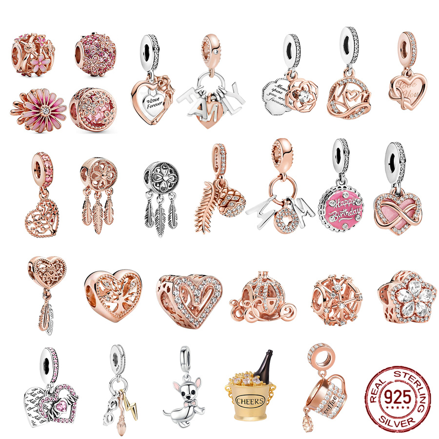 925 Sterling Silver Dangle Charm Rose Gold Pink Daisy Charms Bead Fit Charms Bracelet DIY Jewelry Accessories