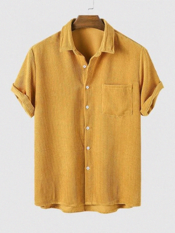 

corduroy Solid Color Casual Short Sleeves Shirt k9tu#, Deep yellow