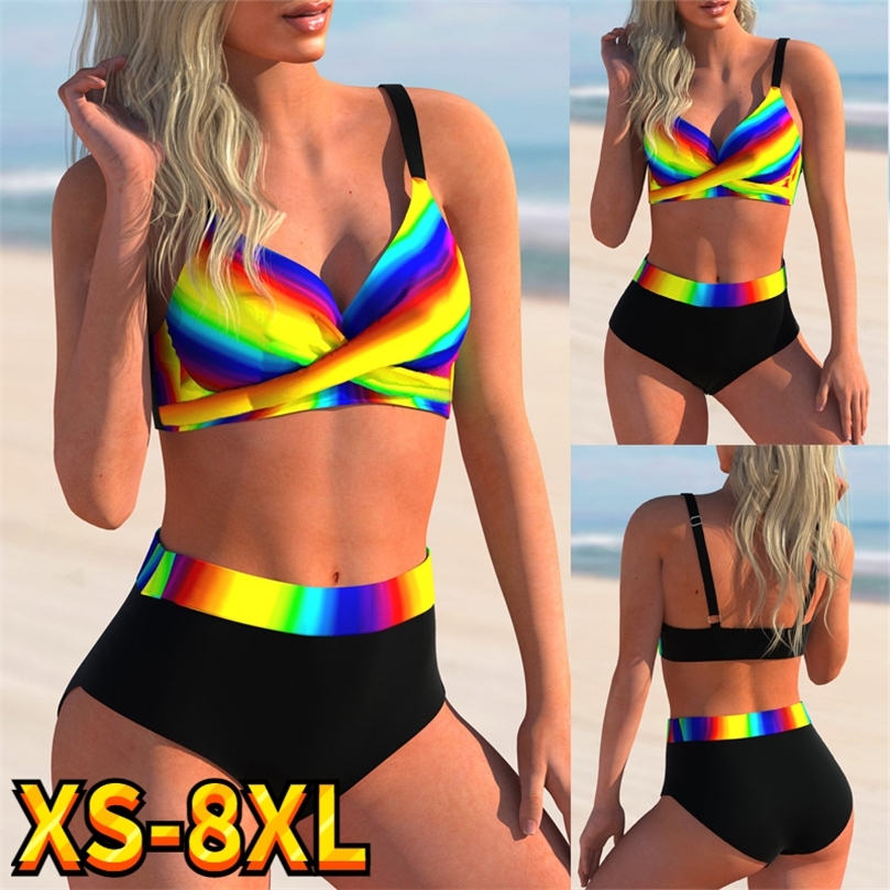 

Women Summer Sexy HighWaist Bikini Sets Rainbow Print Swimsuit Female Plus Size Two Pieces Swimwear Beach Bathing Suit 220616, Black